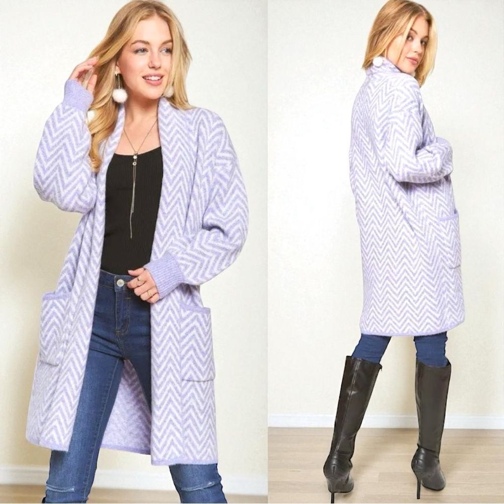 Purple White Chevron Sweater Cardigan Size Large NWT - Adora